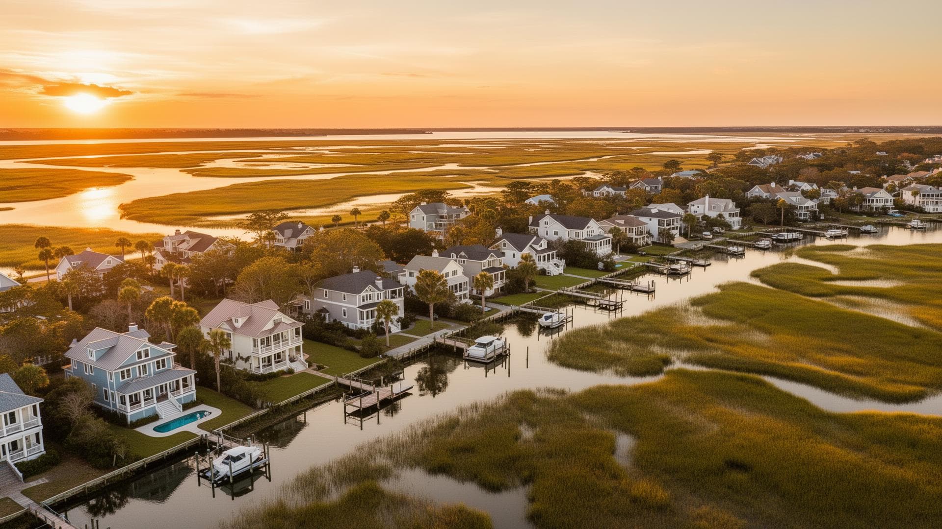 Aerial view of Charleston-area waterfront homes at golden hour